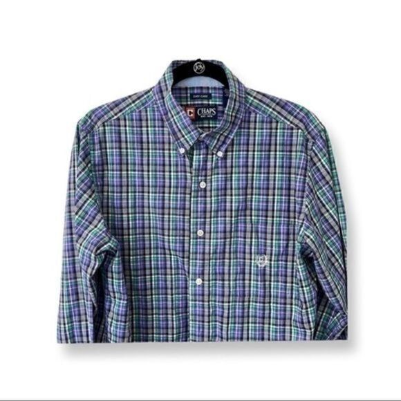 Chaps Easy Care Button Down Shirt. Purple and green plaid. Size medium. - Picture 1 of 4